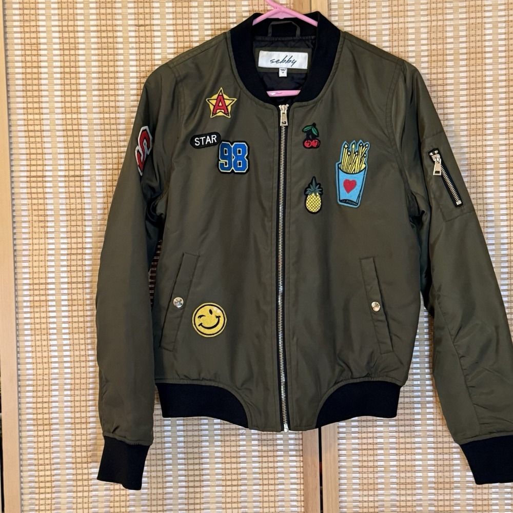 Sebby Womens M Bomber Jacket Olive Green‎ Patches Pockets Streetwear Boho Y2K
